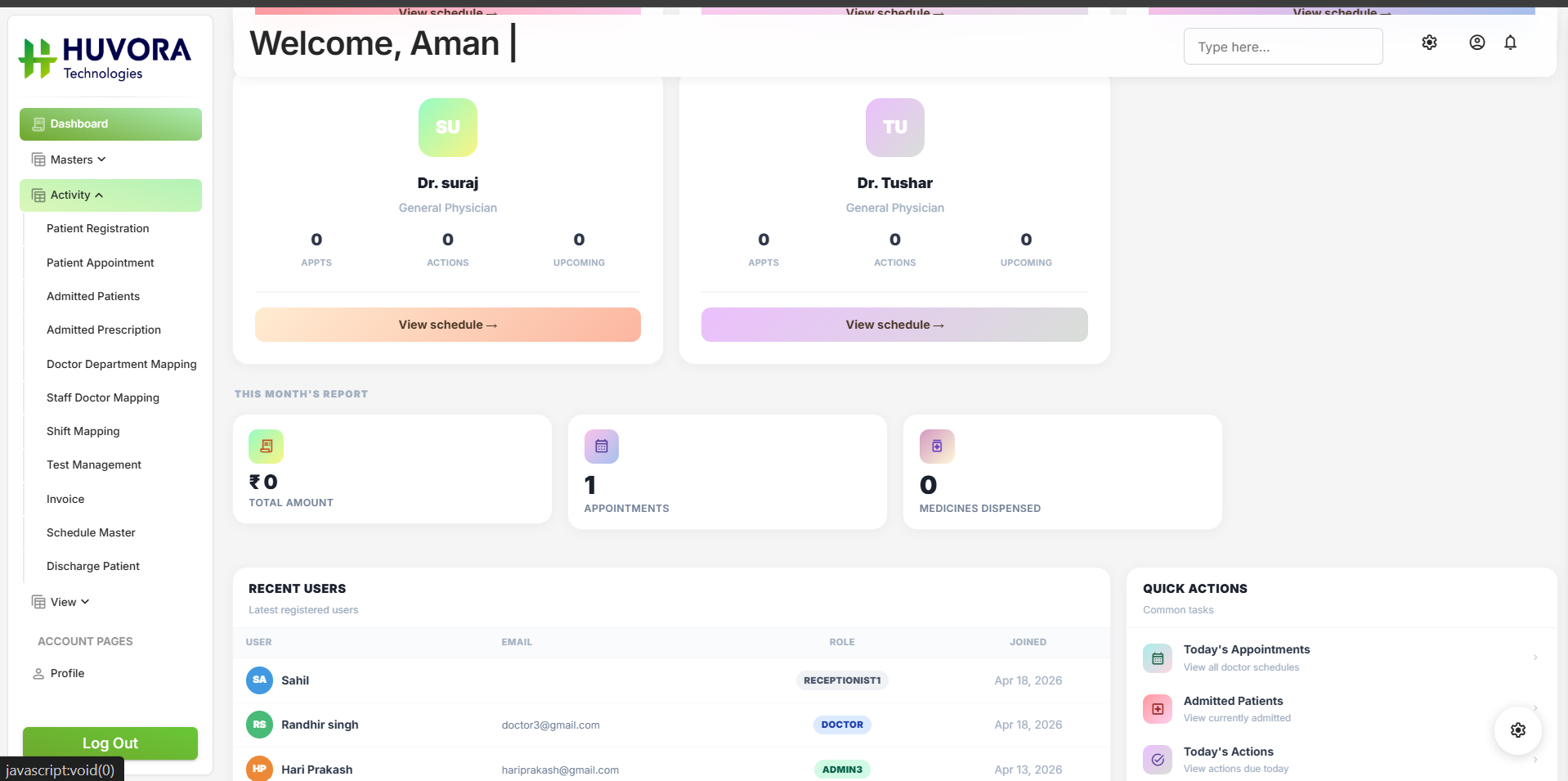 Huvora Clinic Management Dashboard
